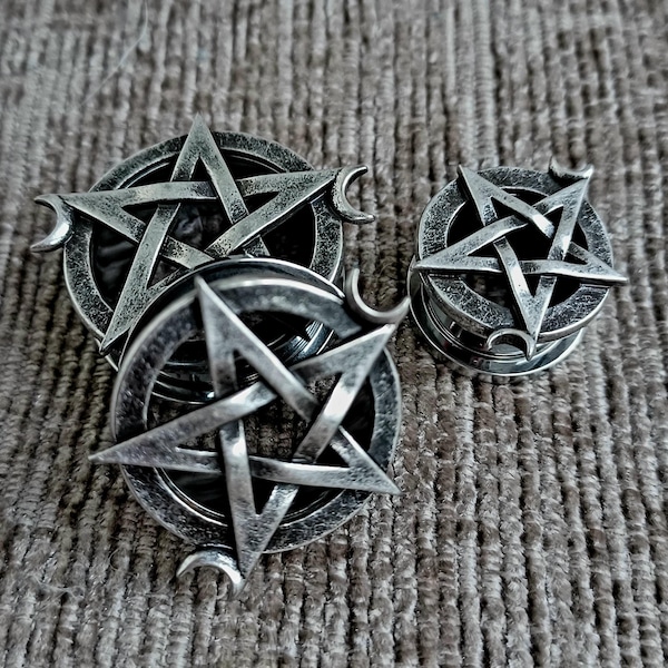 Steel PENTAGRAM STAR Screw Fit Ear Plug Plugs Surgical Steel Flesh Tunnel Stainless Steel Pagan Moon Crescent