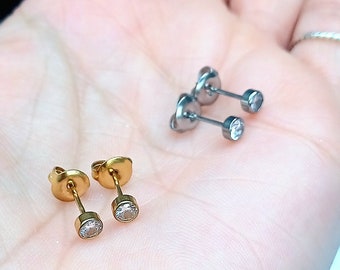 Beautiful Implant Grade Titanium Bezel CZ Stud Earrings Pair Studs Gold or Silver Grade 23 Titanium Initial Piercing