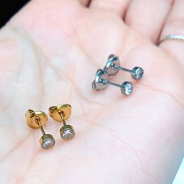 Beautiful Implant Grade Titanium Bezel CZ Stud Earrings Pair Studs Gold or Silver Grade 23 Titanium Initial Piercing