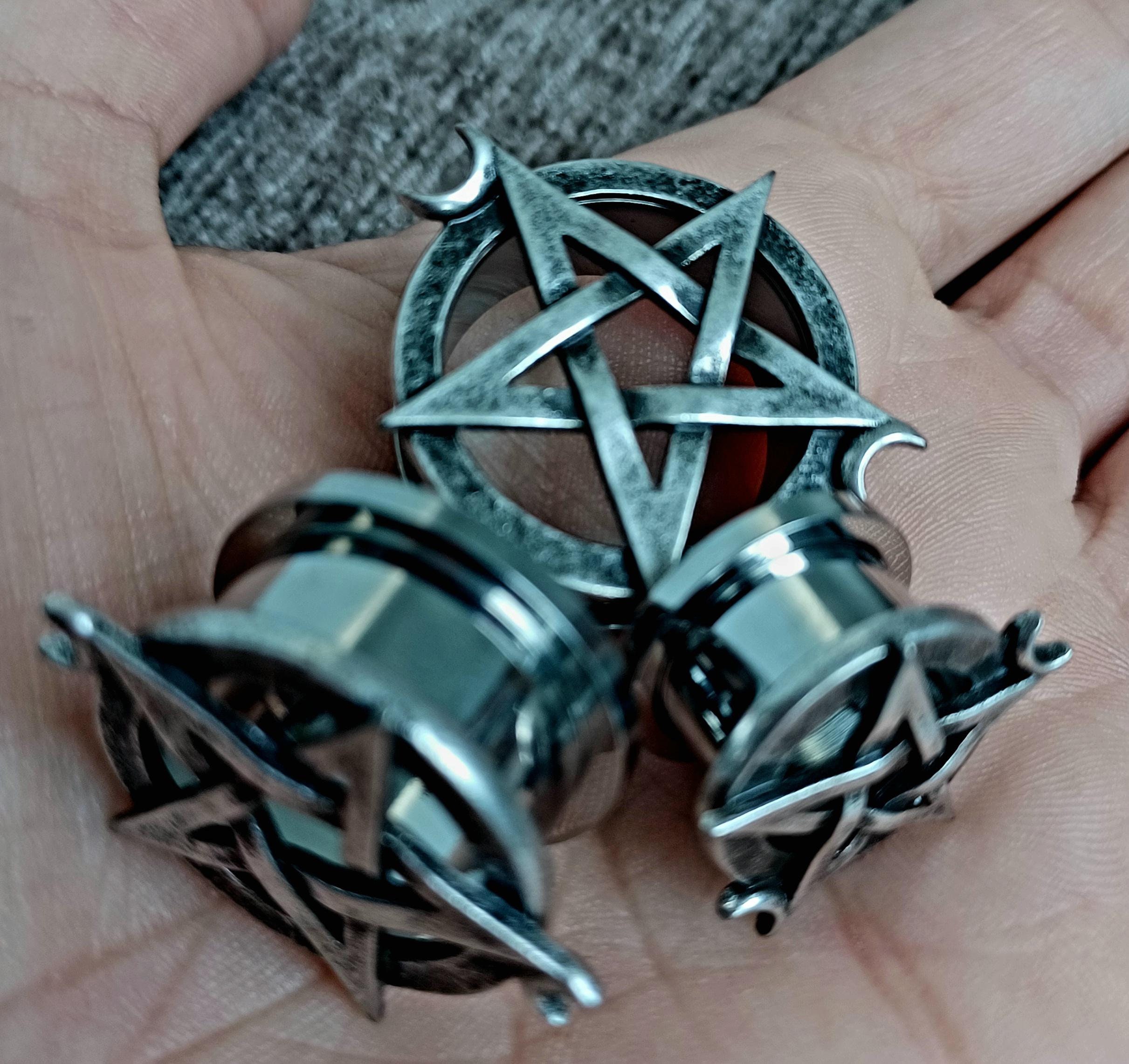 Pentagram Earrings Stainless Steel Pentagram Plugs (different Sizes) - Heavymetal Satanic 00 Gauges For Men