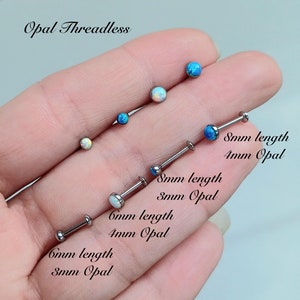 Beautiful Opal Threadless 1.2mm Tragus Bar Cartilage Piercing Blue or White Iridescent Opal Upper Ear 316L Surgical Steel