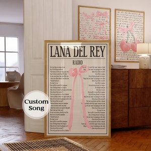 Affiche personnalisée de chanson de Lana Del Rey, affiche de paroles personnalisées, art mural Balletcore, décoration de chambre coquette, noeud de coquette, décoration murale de dortoir