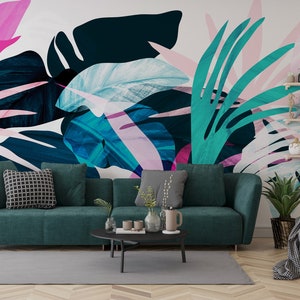 Tropical Wallpaper, Peel and Stick Colorful Palm Leaves Wall Mural, Botanical Abstract Art Self Adhesive Removable Wallpaper