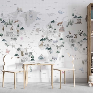 Weltkarte Tapete, Kinderzimmer Wanddeko, Kinderzimmer Wanddeko zum Schälen und Aufkleben  Handgemachte Landkarte Tapete abziehen und aufkleben