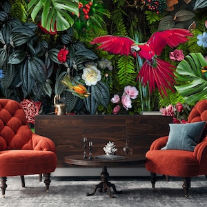 Tropische vogels en bloemen behang, Peel en Stick, tropische bladeren muurschildering, zelfklevend, bos wanddecoratie, rode papegaai muurschildering afbeelding 5