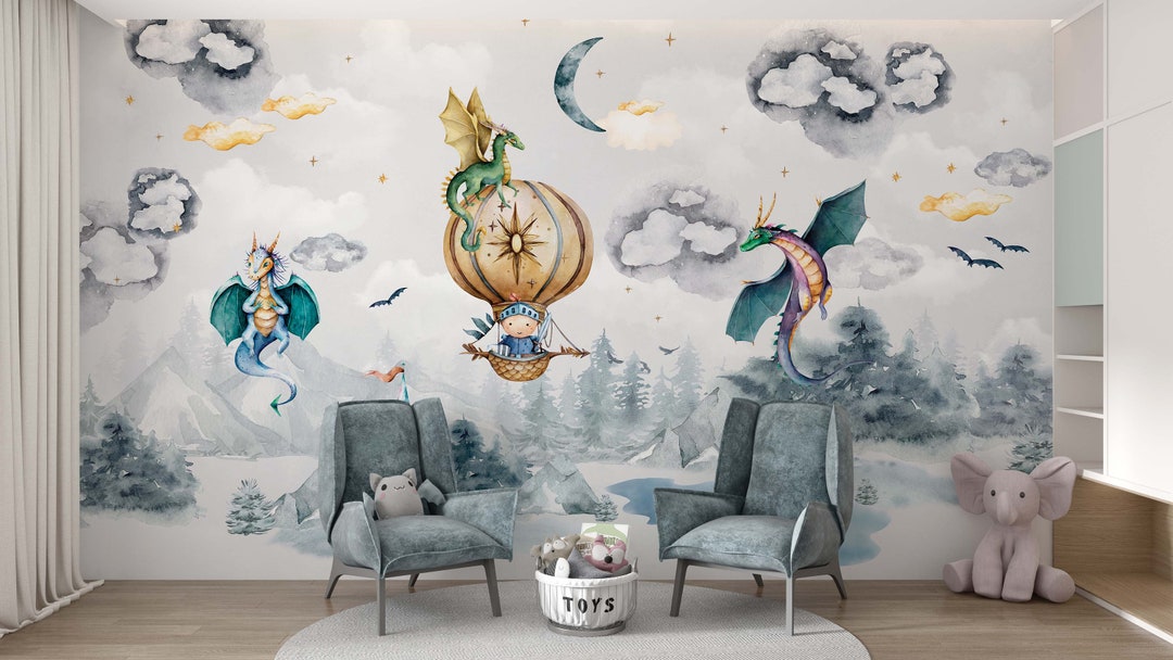 Dragon Nursery Wallpaper – Gray Sky, Watercolor Mural (peel and Stick ...