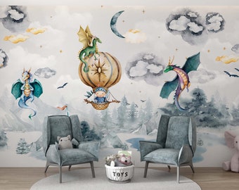 Dragon Nursery Wallpaper – Gray Sky, Watercolor Mural (Peel and Stick)