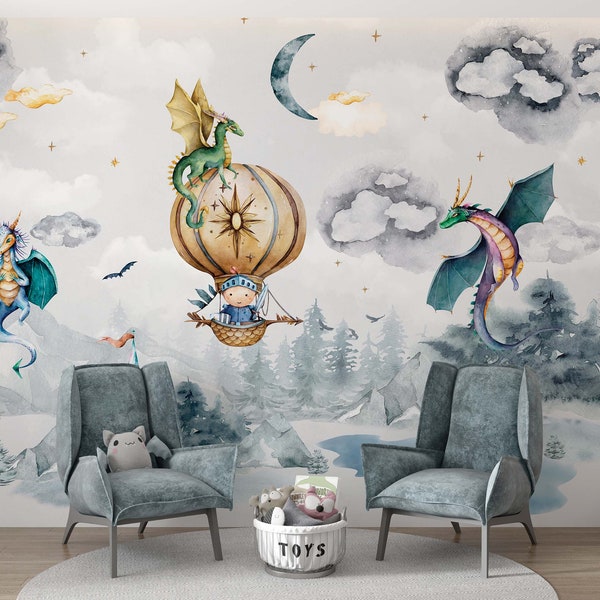 Dragon Wallpaper, Gray Sky Wall Mural, Peel and Stick - Knight Child Wallpaper, Nursery Watercolor Wall Mural, Kids Wallpaper Peel and Stick