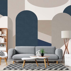 Carta da parati geometrica-Blu navy, grigio, bianco Carta da parati geometrica-Rivestimento murale alla moda-Carta da parati di metà secolo-Carta da parati per soggiorno-Carta da parati astratta