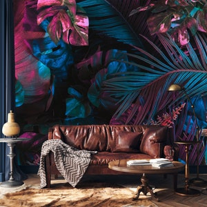 Carta da parati tropicale scura, murale da parete con foglie di palma colorate staccabili e attaccabili, carta da parati autoadesiva rimovibile con arte astratta botanica