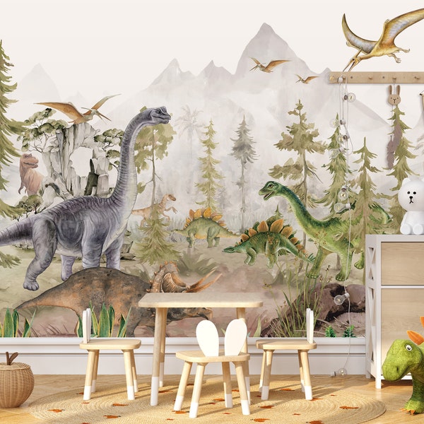 Kids Wallpaper, jurassic Dino Wall Mural Peel and Stick Wallpaper- Trex Wallpaper | Jurassic Watercolor Dinosaur Wallpaper Peel and Stick