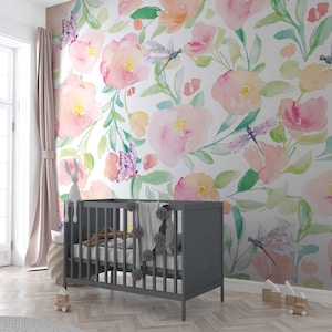 Papier peint floral coloré pour chambre d'enfant | Papier peint fleurs de jardin pour enfants | Papier peint floral traditionnel pour enfants