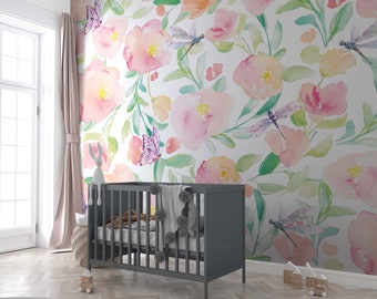 Aquarel kinderkamer kleurrijk bloemenbehang | Kindertuin bloemen muur muurschildering | Kinderen Floral Peel en Stick traditioneel, bloemenbehang