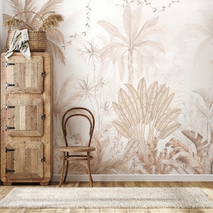 Tropical Wallpaper - Boho Palm Tree Wallpaper, - Soft Color Tropical Bedroom Wallpaper Removable , Bohemian Wall Mural