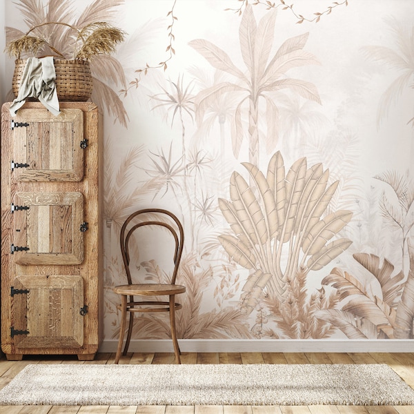 Tropical Wallpaper - Boho Palm Tree Wallpaper, - Soft Color Tropical Bedroom Wallpaper Removable , Bohemian Wall Mural