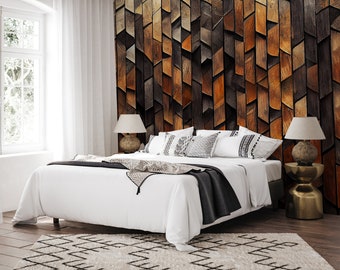 3D Look Wood Geometric Wallpaper Peel and Stick | Abstract Shape Art Wall Mural, Boho Geometric Wallpaper Traditional Cool Vintage