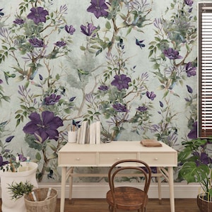 Papier peint floral d'été autocollant | Papier peint aquarelle botanique petite fleur Papier peint fleur de printemps traditionnel