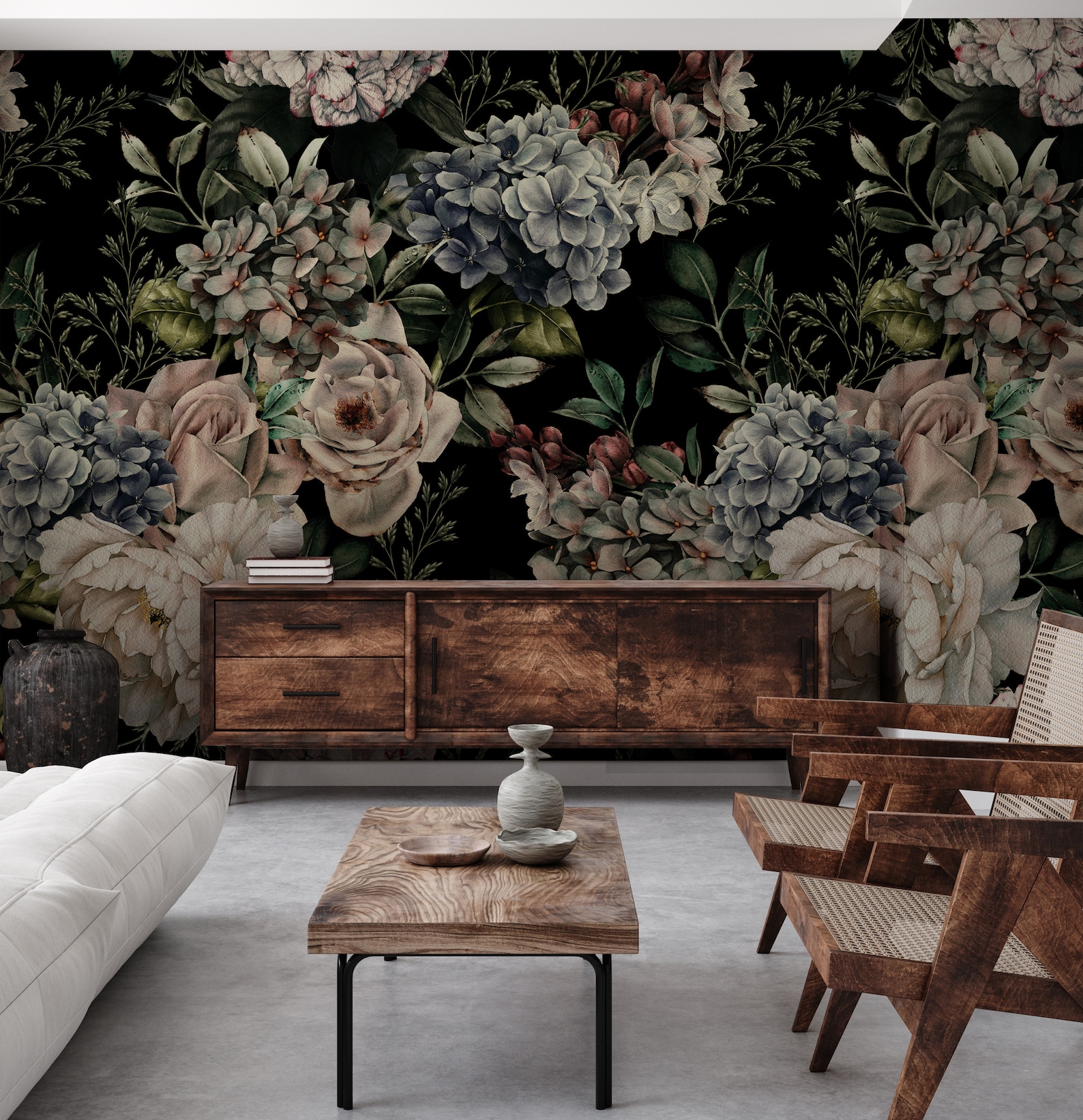 Dark Floral Wallpaper | Large Flower Bouquet Wall Mural, Peel and Stick ...