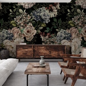 Dark Floral Wallpaper | Large Flower Bouquet Wall Mural, Peel and Stick ...