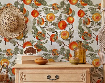 Watercolor Orange Wallpaper Peel and Stick | Watercolor Leaves Little Wall Mural Traditional