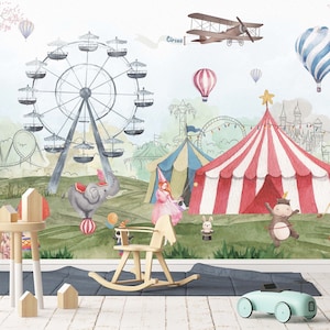 Carta da parati per bambini con circo animale, personalizzabile, carta da parati rimovibile, murale per la cameretta dei bambini in stile circo vintage