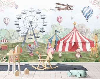 Animal Circus Nursery Wallpaper, Customizable, Removable Wallpaper, Vintage Style Circus Kids Room Mural