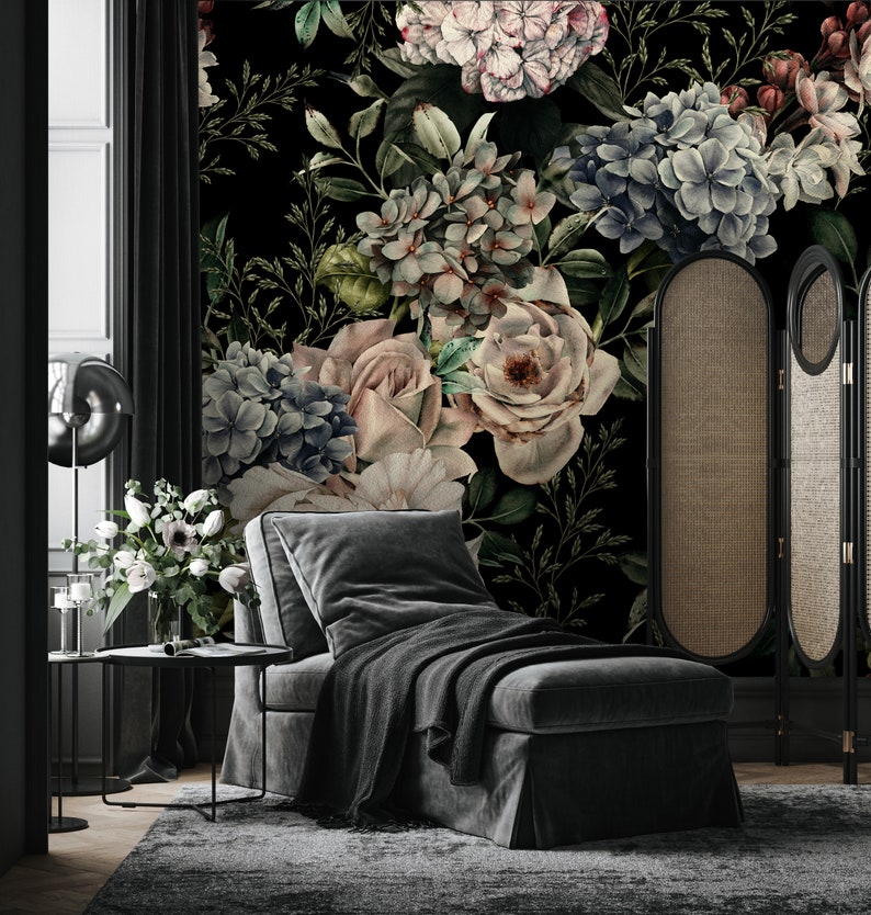 Dark Floral Wallpaper | Large Flower Bouquet Wall Mural, Peel and Stick ...