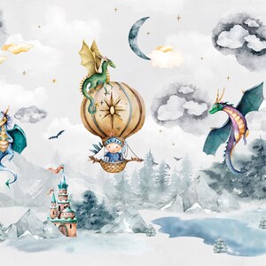 Dragon Nursery Wallpaper – Gray Sky, Watercolor Mural (peel and Stick ...