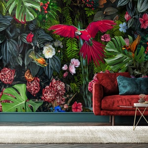 Tropische vogels en bloemen behang, Peel en Stick, tropische bladeren muurschildering, zelfklevend, bos wanddecoratie, rode papegaai muurschildering afbeelding 4