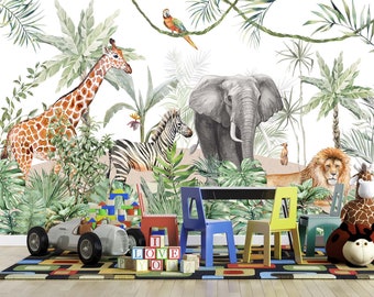 Papel de parede aquarela com animais da savana, mural de parede infantil na selva, autoadesivo