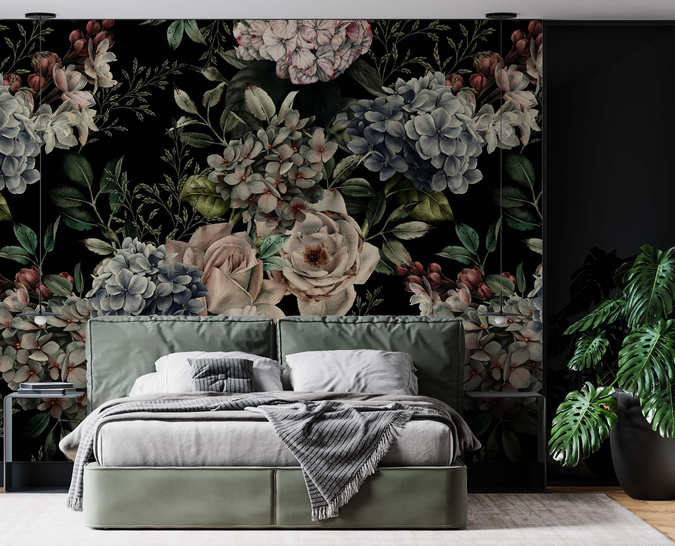 Dark Floral Wallpaper | Large Flower Bouquet Wall Mural, Peel and Stick ...