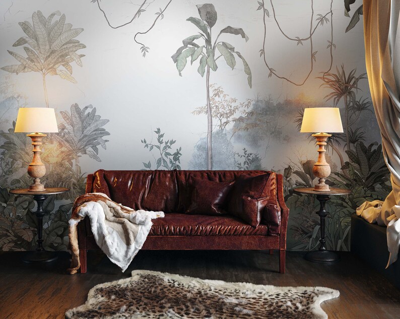 Boho Tropical Wallpaper Palm Tree Wallpaper Bedroom Etsy