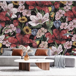 Textured Colorful Flowers Wallpaper, Floral Wall Poster, Watercolor Colorful Flowers Mural, Floral Wallcovering,Peel and Stick, Textured