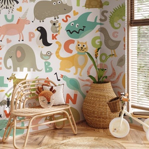 Kids Wallpaper,  Cut Animals Wall Mural Peel and Stick Wallpaper, Nursery Wall Mural, Removable wallpaper