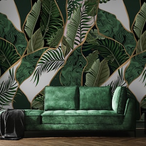 Exotisches Wandbild in Grün und Gold, Tapete mit Tropischen Blättern, Geometrisches Design, Abziehbare Tapete, Selbstklebend
