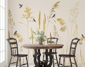 Gold Wildflower Wallpaper – Peel and Stick Plant Mural