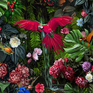 Tropische vogels en bloemen behang, Peel en Stick, tropische bladeren muurschildering, zelfklevend, bos wanddecoratie, rode papegaai muurschildering afbeelding 6