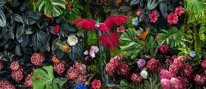 Tropische vogels en bloemen behang, Peel en Stick, tropische bladeren muurschildering, zelfklevend, bos wanddecoratie, rode papegaai muurschildering afbeelding 6