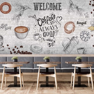 Coffee Art Wallpaper, Cafe Wallpaper, Art Wallpaper, Coffe Shop Wall Mural, Coffee Shop Wallpaper, Restaurant Peel and Stick Wallpaper