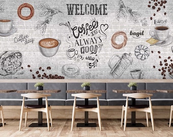 Coffee Art Wallpaper, Cafe Wallpaper, Art Wallpaper, Coffe Shop Wall Mural, Coffee Shop Wallpaper, Restaurant Peel and Stick Wallpaper