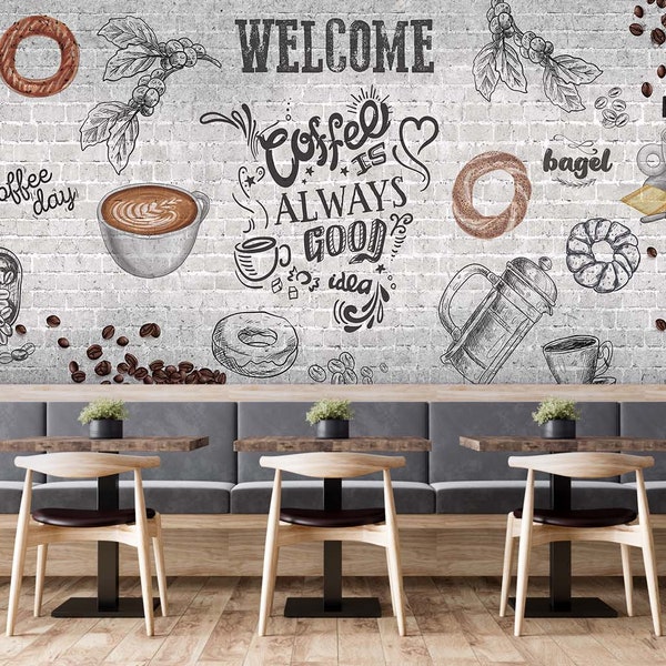 Coffee Art Wallpaper, Cafe Wallpaper, Art Wallpaper, Coffe Shop Wall Mural, Coffee Shop Wallpaper, Restaurant Peel and Stick Wallpaper