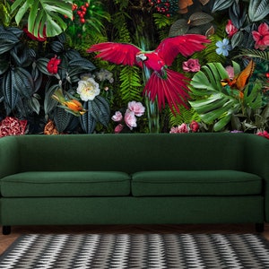 Tropische Vögel und Blumen Tapete, Schälen und aufkleben, Tropisches Blätter Wandbild, Selbstklebend, Wald Wanddekoration, Roter Papagei Wandbild