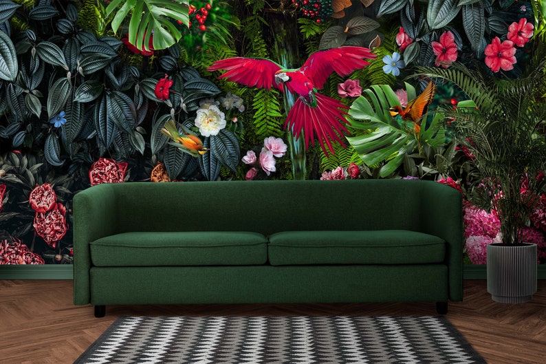 Tropische vogels en bloemen behang, Peel en Stick, tropische bladeren muurschildering, zelfklevend, bos wanddecoratie, rode papegaai muurschildering afbeelding 1