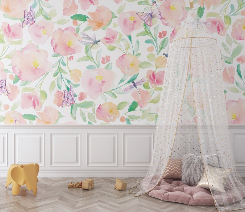 Watercolor Floral Nursery Wallpaper | Peel and Stick Kids Garden Mural ...