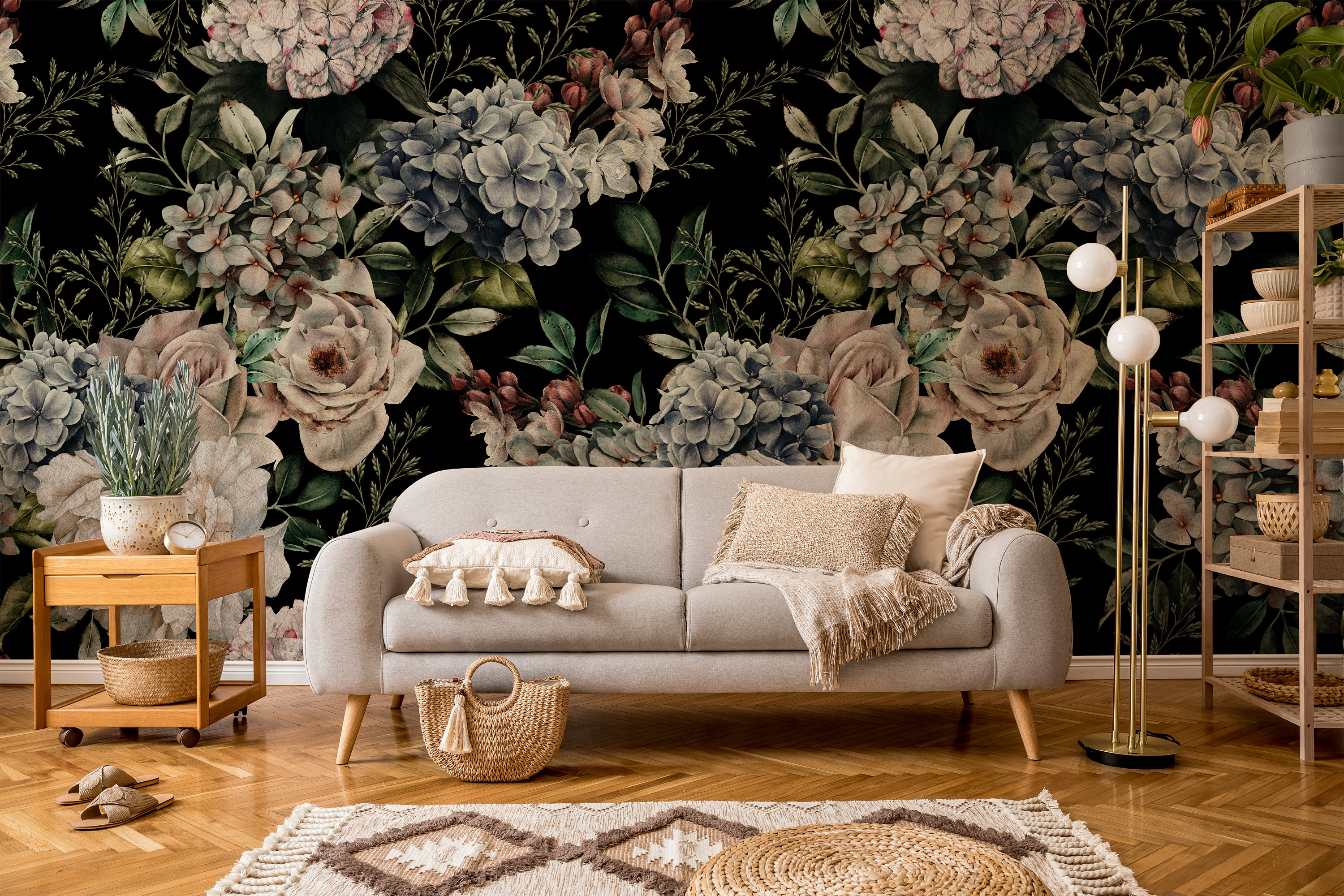 Dark Floral Wallpaper | Large Flower Bouquet Wall Mural, Peel and Stick ...