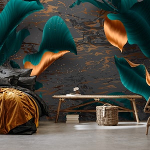 Große Blätter Wandbild, dunkle gedämpfte Farben Wandbild, tropisches Innendesign, Wandbild, strukturiertes exotisches Wanddekor