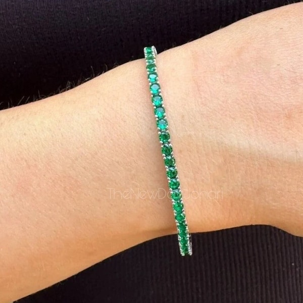 Emerald Bracelet, Emerald 925 Sterling Silver Bracelet, Emerald Rounds Bracelet for Women, May Birthstone Tennis Bracelet