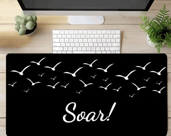 Desk Mat, Black with White Birds, Soar Flying Birds, Gamer, Crafter, Home Office, Decor, Computer Accessory, Gift, Desk Protector