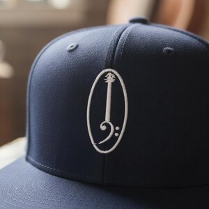 Puede incluir: Gorra de béisbol azul marino con un diseño bordado en blanco de un instrumento musical. La gorra tiene una visera curva y una corona estructurada. El diseño es una representación abstracta de un instrumento de cuerda.