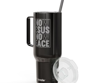 May include: Black insulated tumbler with a handle, a clear lid, and a gray straw. The tumbler has the words "KNOW JESUS NOW PEACE" printed in gray. The brand name "koozie" is printed at the bottom.